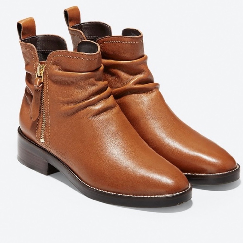 Cole Haan Harrington Grand Slouch Leather Ankle Booties, British Tan, Size 9